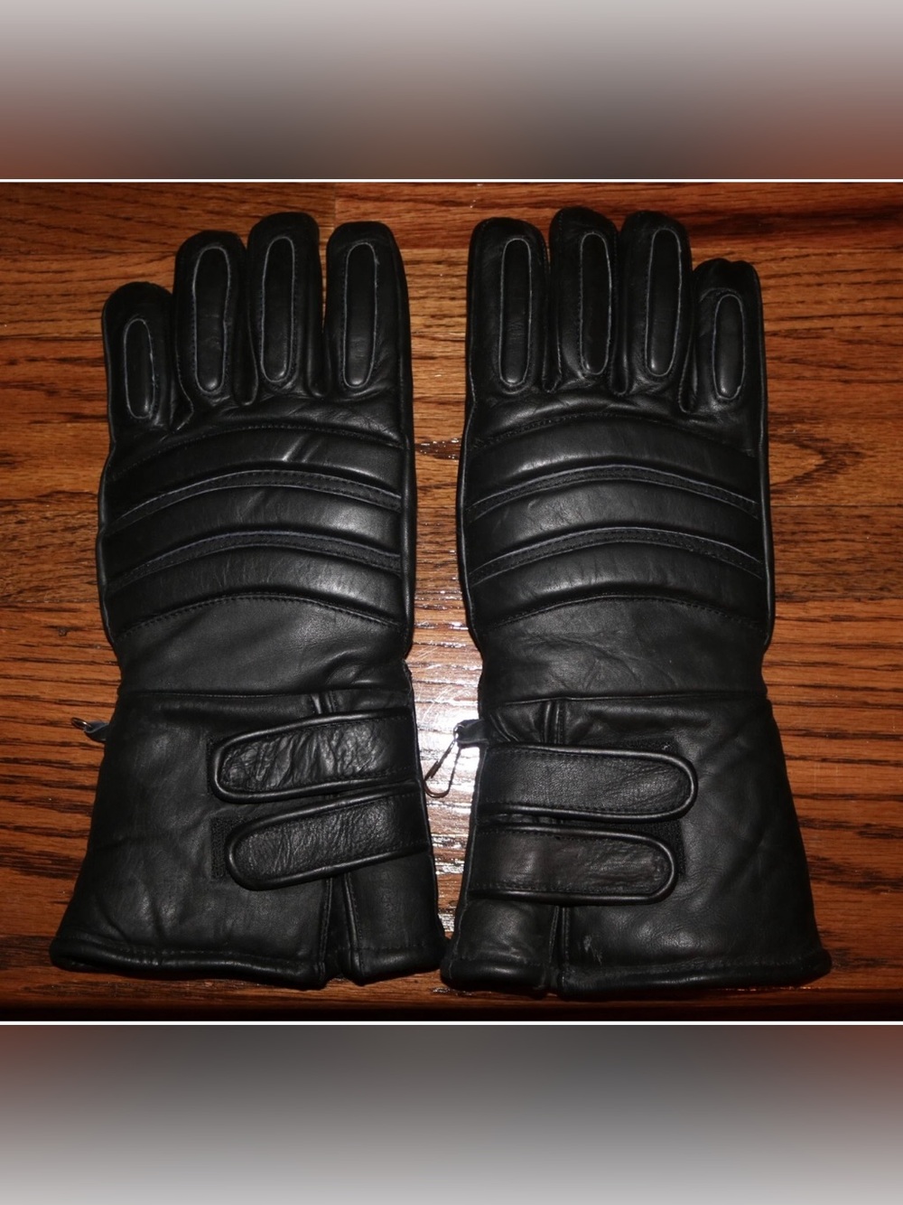 Black Leather Long Padded Motorcycle Gloves - Adult Size Medium